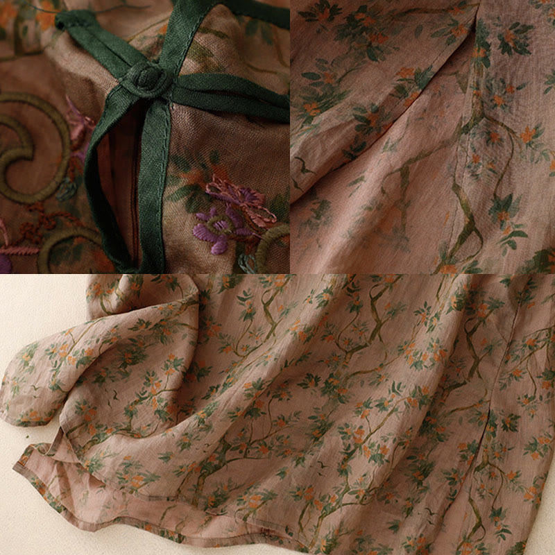 Abito midi cheongsam in lino e cotone con tasche, ricamo retrò con Buddha Stones e bottoni a rana - image 7