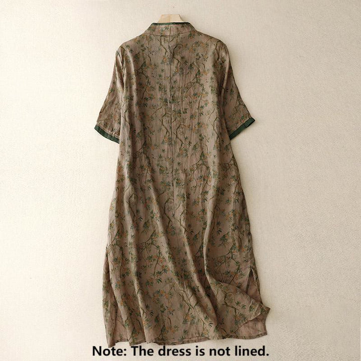 Abito midi cheongsam in lino e cotone con tasche, ricamo retrò con Buddha Stones e bottoni a rana - image 2