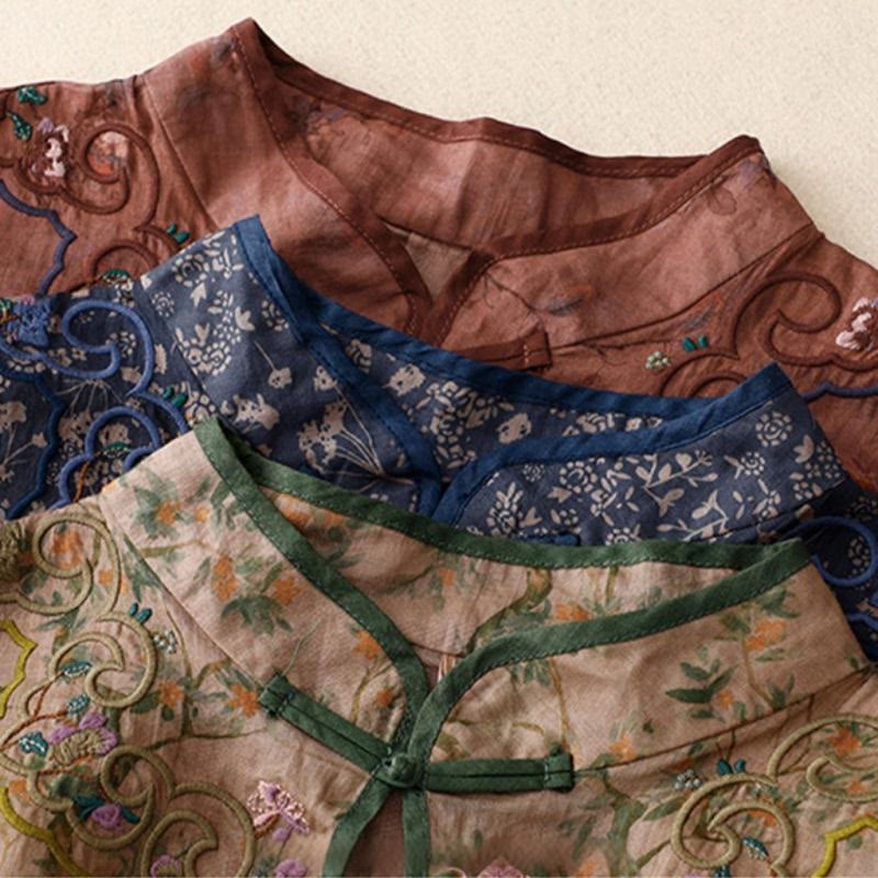 Abito midi cheongsam in lino e cotone con tasche, ricamo retrò con Buddha Stones e bottoni a rana - image 17