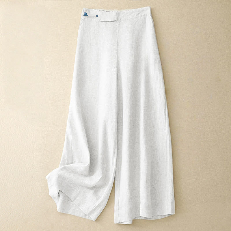 Pantaloni larghi da donna in lino e cotone con bottoni a rana, tinta unita, con tasche , Buddha Stones - Bianco - US12, UK/AU16, EU44 (2XL) - image 10