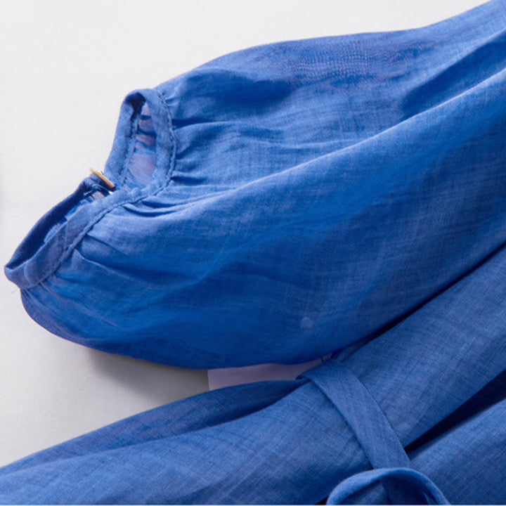 Abito midi in cotone e lino con maniche a sbuffo e coulisse a tre quarti, con tasche, motivo Buddha Stones - image 7