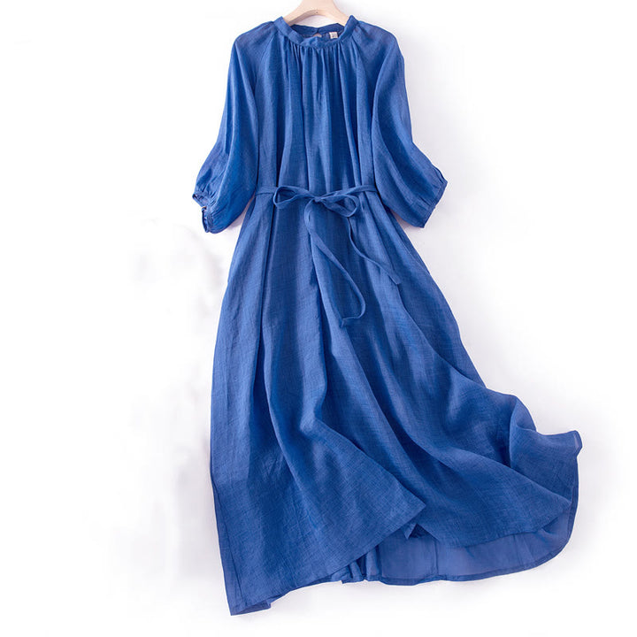 Abito midi in cotone e lino con maniche a sbuffo e coulisse a tre quarti, con tasche, motivo Buddha Stones - Blu - US12, UK/AU16, EU44 (XL) - image 1