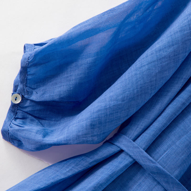 Abito midi in cotone e lino con maniche a sbuffo e coulisse a tre quarti, con tasche, motivo Buddha Stones - image 8