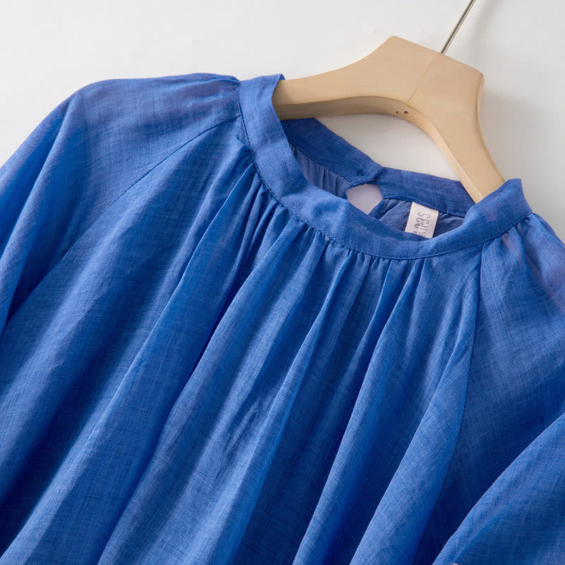 Abito midi in cotone e lino con maniche a sbuffo e coulisse a tre quarti, con tasche, motivo Buddha Stones - image 3