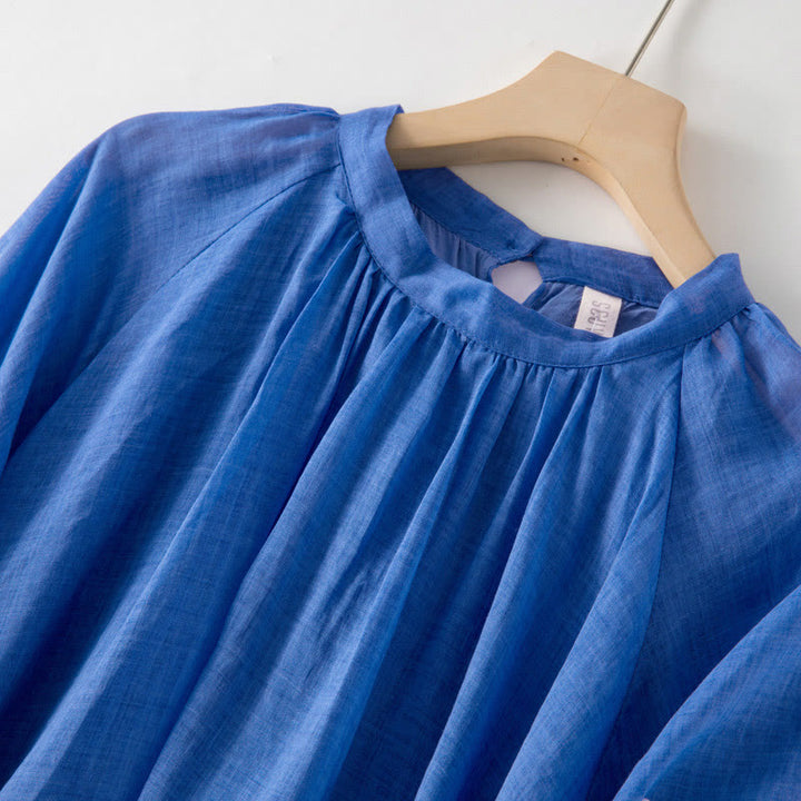 Abito midi in cotone e lino con maniche a sbuffo e coulisse a tre quarti, con tasche, motivo Buddha Stones - image 3