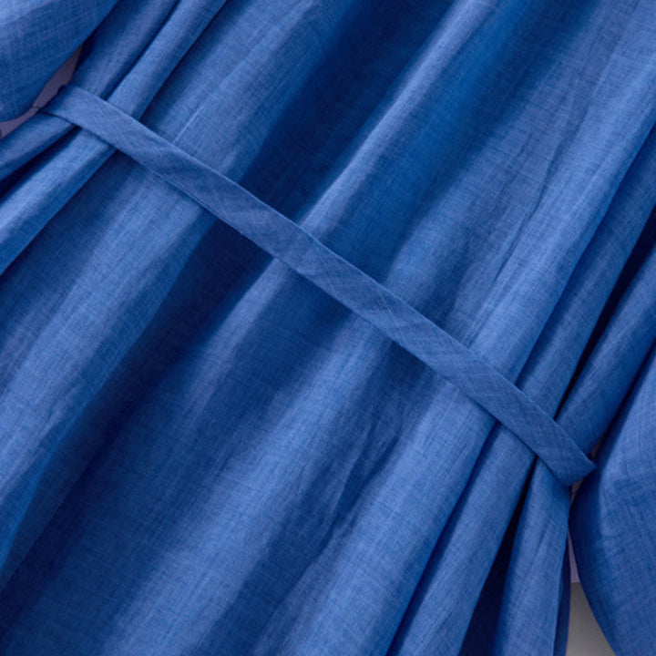 Abito midi in cotone e lino con maniche a sbuffo e coulisse a tre quarti, con tasche, motivo Buddha Stones - image 10