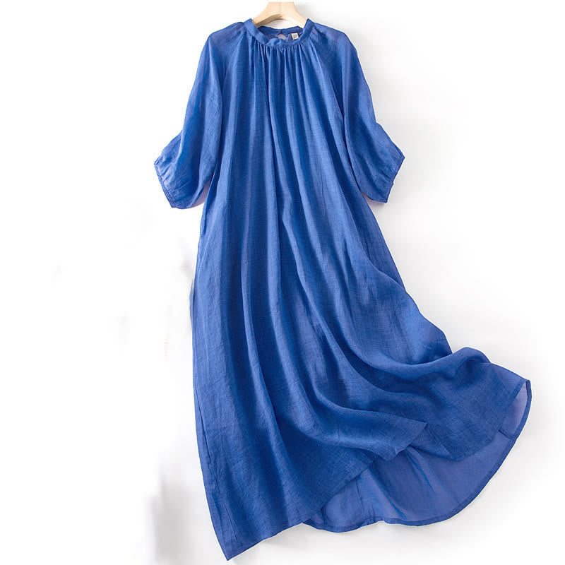 Abito midi in cotone e lino con maniche a sbuffo e coulisse a tre quarti, con tasche, motivo Buddha Stones - image 2