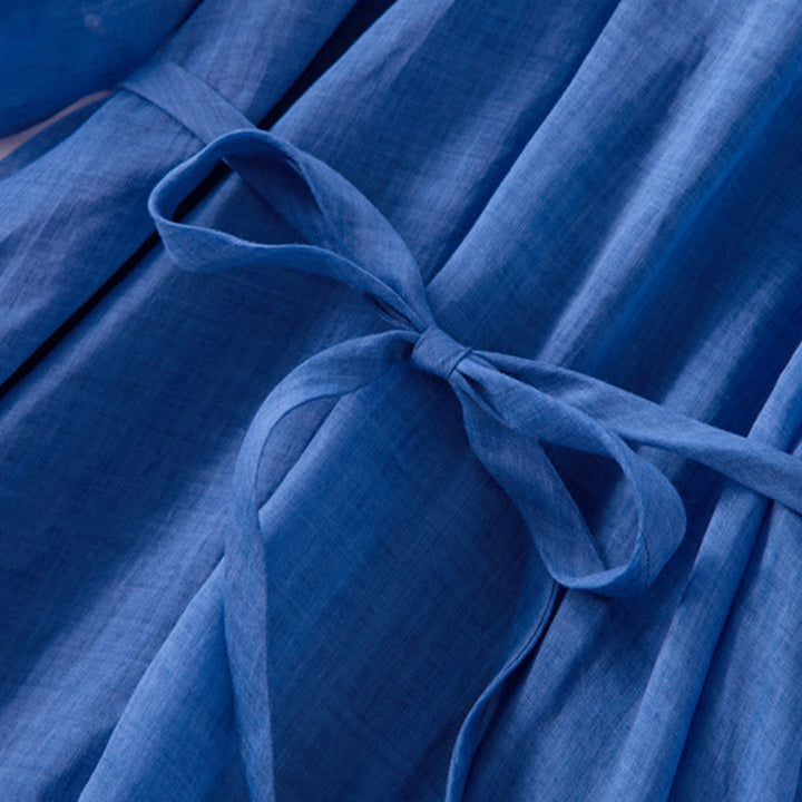 Abito midi in cotone e lino con maniche a sbuffo e coulisse a tre quarti, con tasche, motivo Buddha Stones - image 9