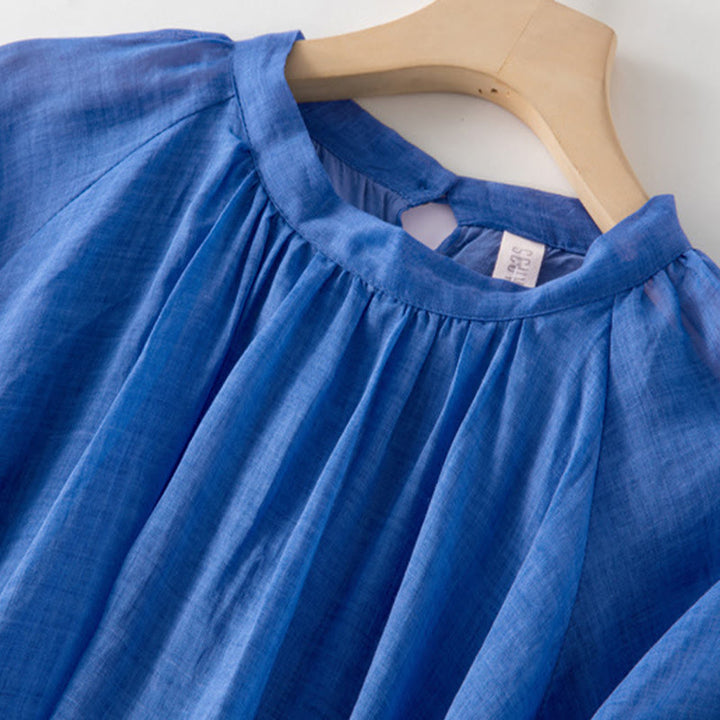 Abito midi in cotone e lino con maniche a sbuffo e coulisse a tre quarti, con tasche, motivo Buddha Stones - image 4