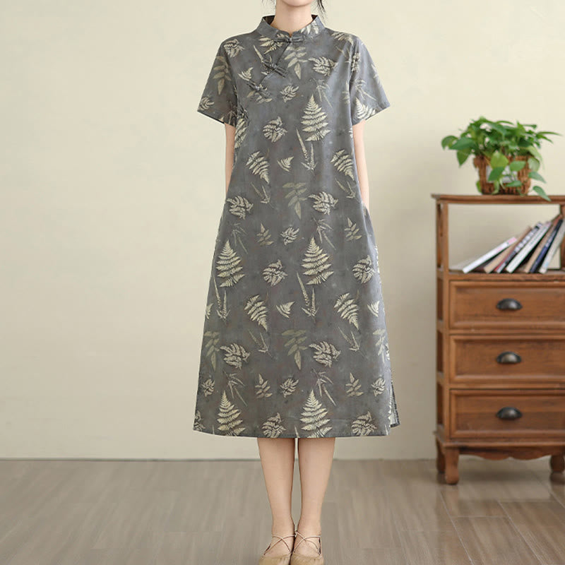 Abito midi cheongsam in cotone con bottoni a rana cinesi grigio scuro, stile retrò Buddha Stones, con tasche - image 3