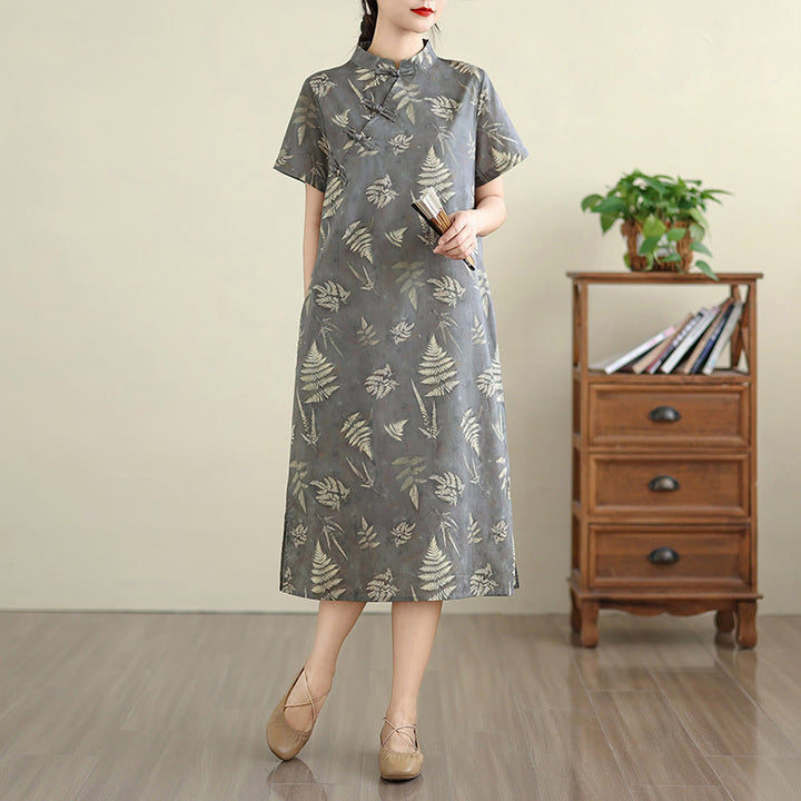 Abito midi cheongsam in cotone con bottoni a rana cinesi grigio scuro, stile retrò Buddha Stones, con tasche - Grigio scuro - US8-10, UK/AU12-14, EU40-42 (2XL) - image 1