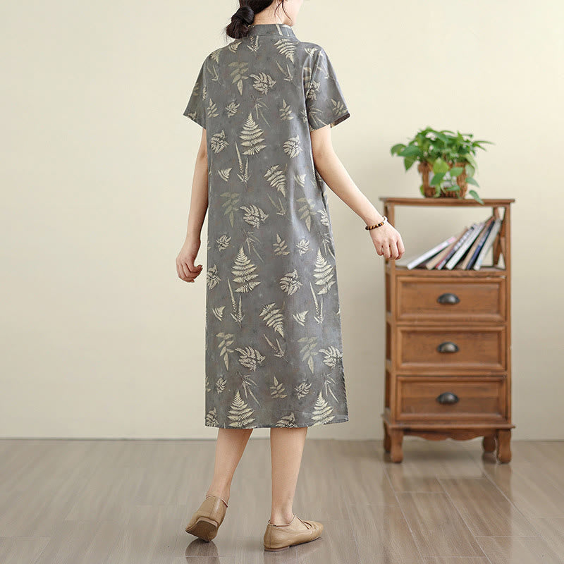 Abito midi cheongsam in cotone con bottoni a rana cinesi grigio scuro, stile retrò Buddha Stones, con tasche - image 5
