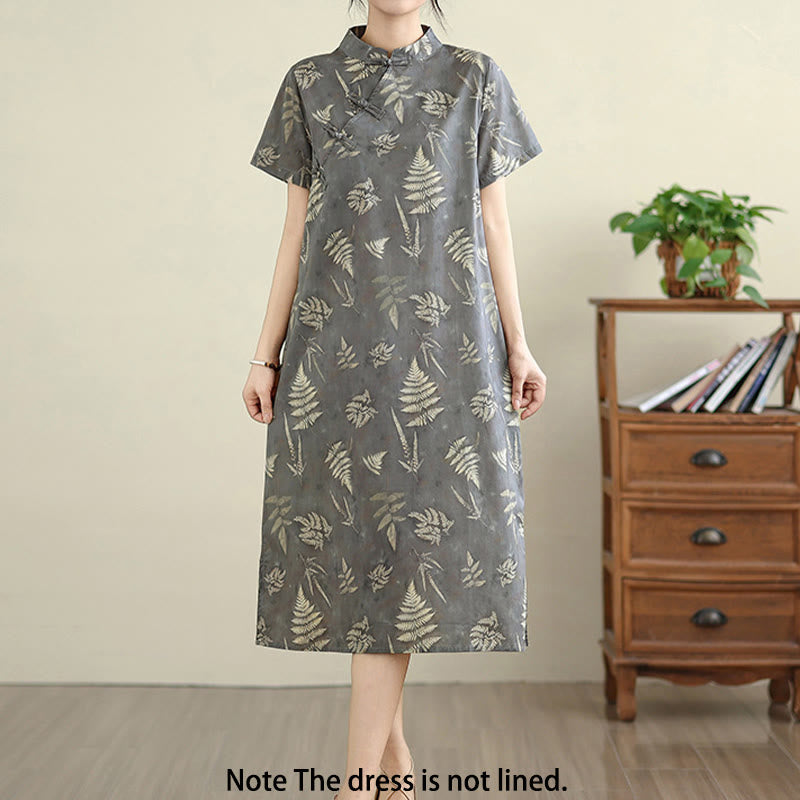 Abito midi cheongsam in cotone con bottoni a rana cinesi grigio scuro, stile retrò Buddha Stones, con tasche - image 2