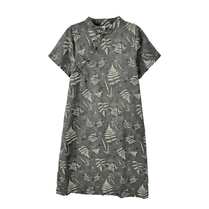 Abito midi cheongsam in cotone con bottoni a rana cinesi grigio scuro, stile retrò Buddha Stones, con tasche - image 13