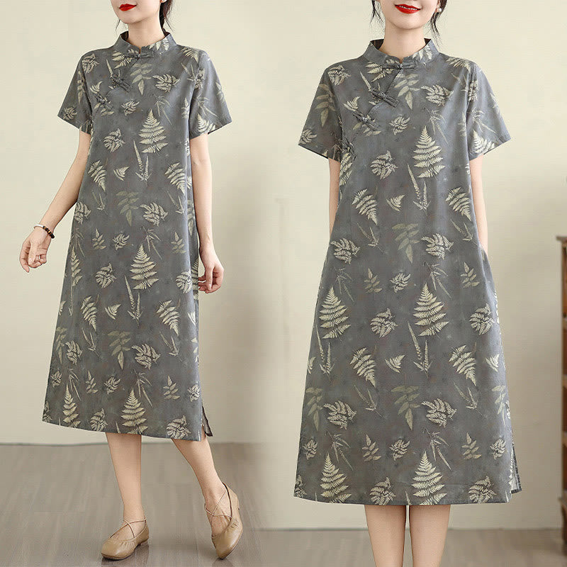 Abito midi cheongsam in cotone con bottoni a rana cinesi grigio scuro, stile retrò Buddha Stones, con tasche - image 7