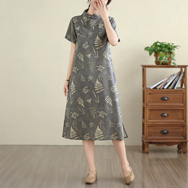 Abito midi cheongsam in cotone con bottoni a rana cinesi grigio scuro, stile retrò Buddha Stones, con tasche - image 4