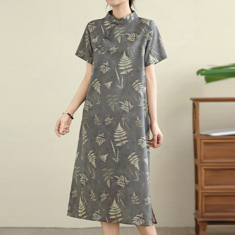 Abito midi cheongsam in cotone con bottoni a rana cinesi grigio scuro, stile retrò Buddha Stones, con tasche - image 6