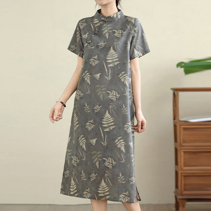Abito midi cheongsam in cotone con bottoni a rana cinesi grigio scuro, stile retrò Buddha Stones, con tasche - image 6