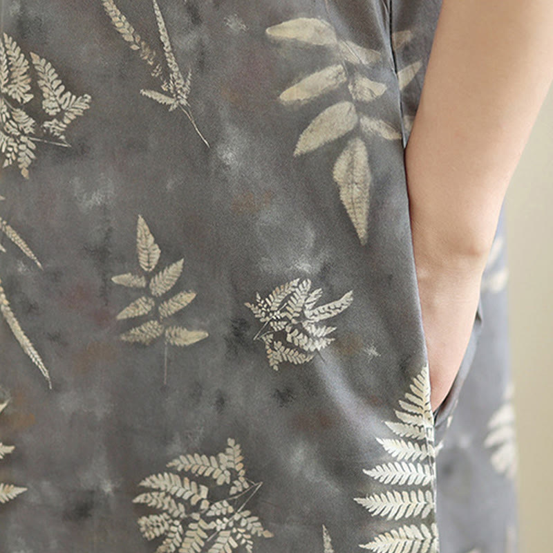 Abito midi cheongsam in cotone con bottoni a rana cinesi grigio scuro, stile retrò Buddha Stones, con tasche - image 10
