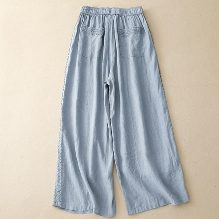 Buddha Stones Pantaloni larghi da donna in cotone e lino con cuciture in pizzo tinta unita e tasche - image 1