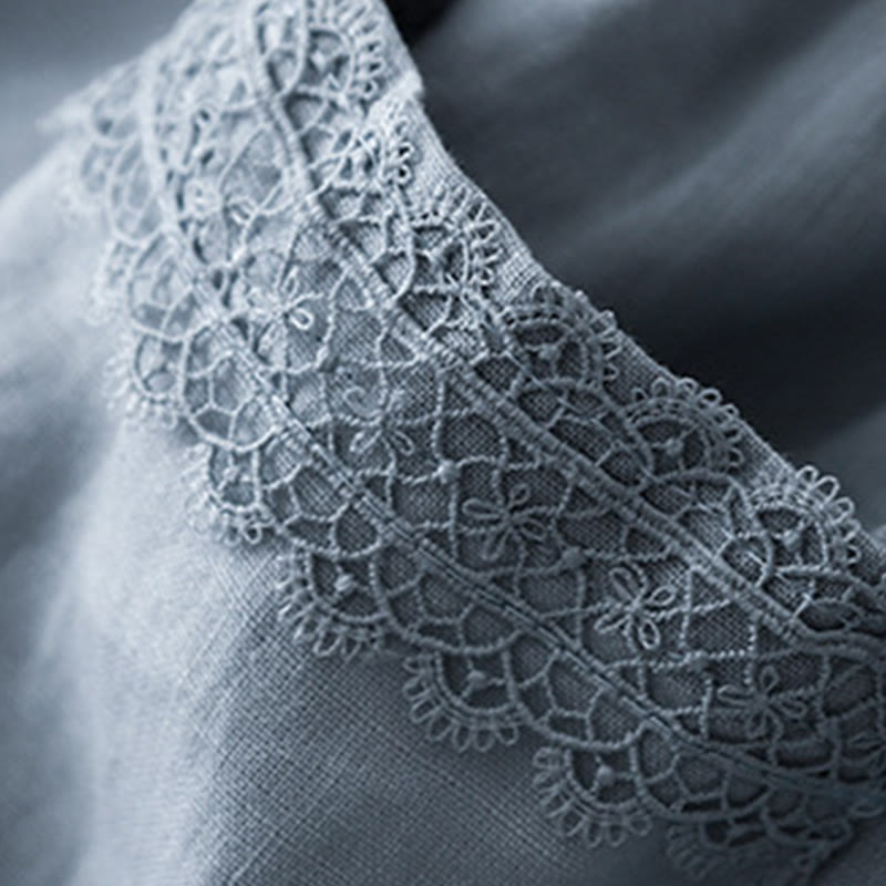 Buddha Stones Pantaloni larghi da donna in cotone e lino con cuciture in pizzo tinta unita e tasche - image 7