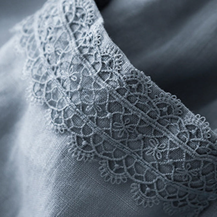 Buddha Stones Pantaloni larghi da donna in cotone e lino con cuciture in pizzo tinta unita e tasche - image 7