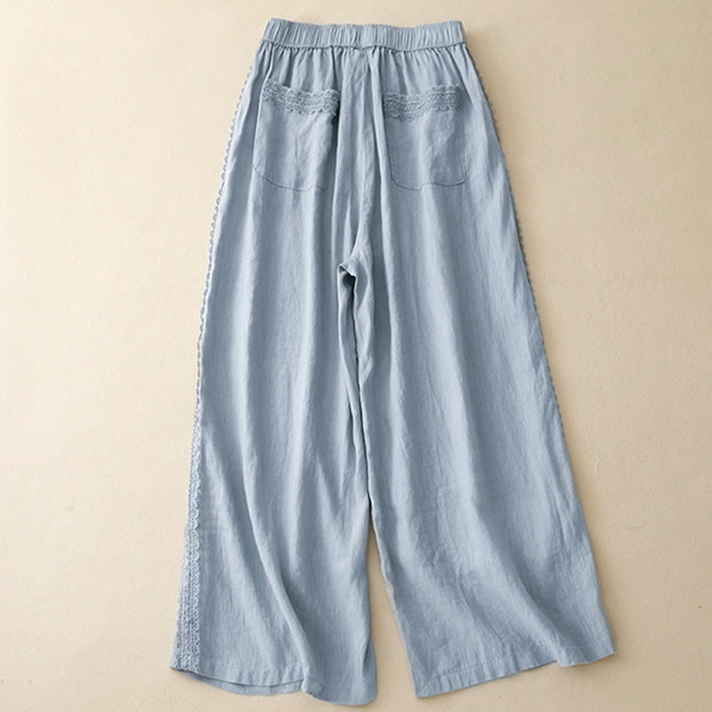 Buddha Stones Pantaloni larghi da donna in cotone e lino con cuciture in pizzo tinta unita e tasche - image 1