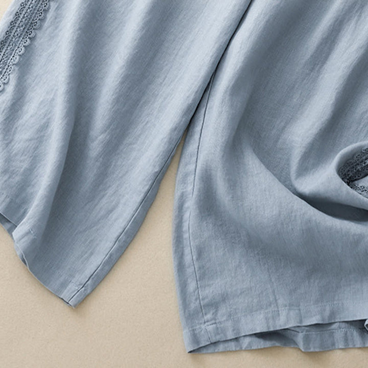 Buddha Stones Pantaloni larghi da donna in cotone e lino con cuciture in pizzo tinta unita e tasche - image 2