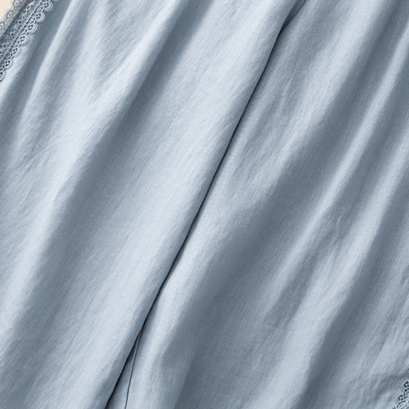 Buddha Stones Pantaloni larghi da donna in cotone e lino con cuciture in pizzo tinta unita e tasche - image 5