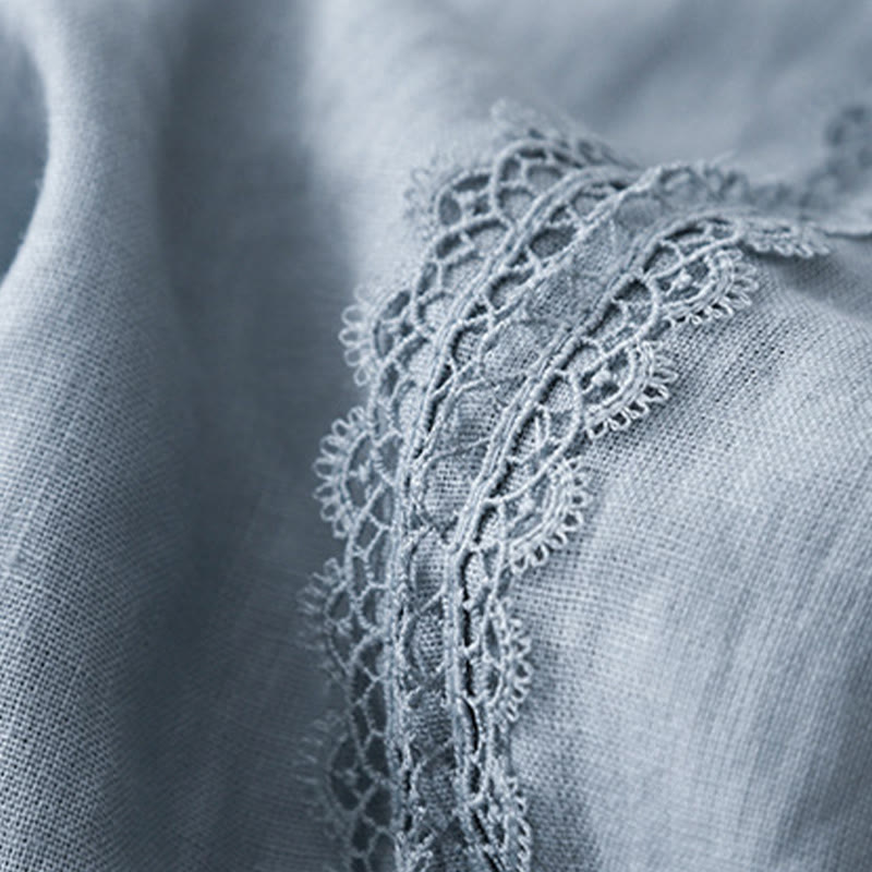 Buddha Stones Pantaloni larghi da donna in cotone e lino con cuciture in pizzo tinta unita e tasche - image 3