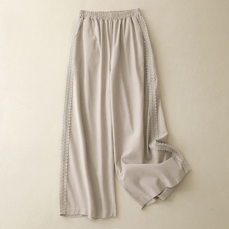 Buddha Stones Pantaloni larghi da donna in cotone e lino con cuciture in pizzo tinta unita e tasche - Beige - US8-10, UK/AU12-14, EU40-42 (2XL) - image 8