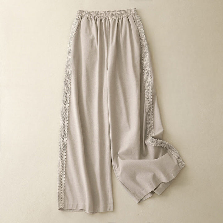 Buddha Stones Pantaloni larghi da donna in cotone e lino con cuciture in pizzo tinta unita e tasche - Beige - US8-10, UK/AU12-14, EU40-42 (2XL) - image 8