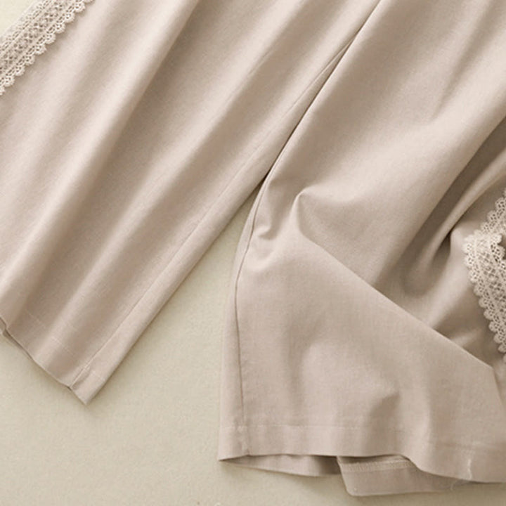 Buddha Stones Pantaloni larghi da donna in cotone e lino con cuciture in pizzo tinta unita e tasche - image 10