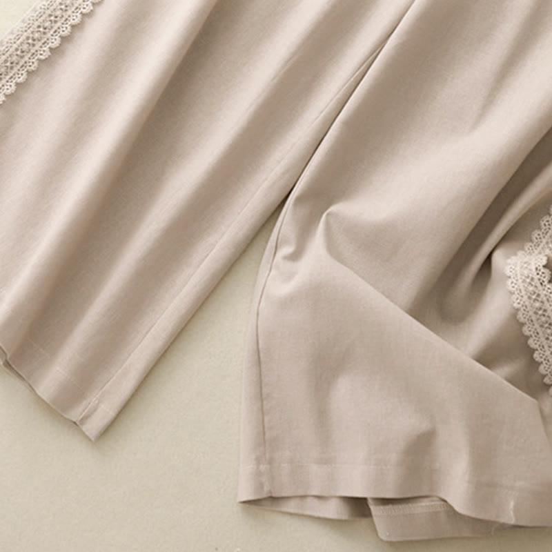 Buddha Stones Pantaloni larghi da donna in cotone e lino con cuciture in pizzo tinta unita e tasche - image 10