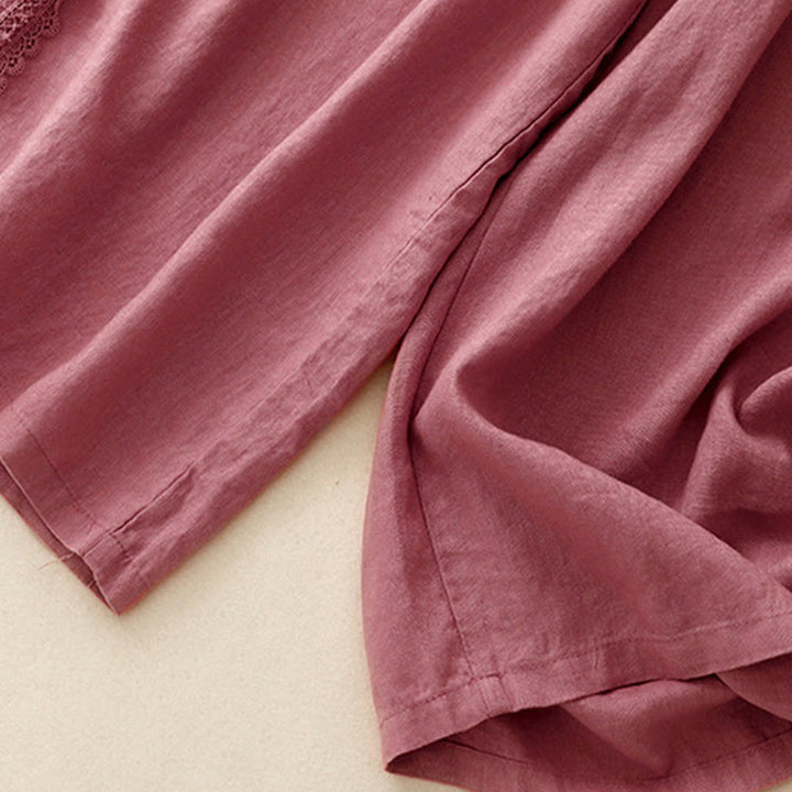 Buddha Stones Pantaloni larghi da donna in cotone e lino con cuciture in pizzo tinta unita e tasche - image 14