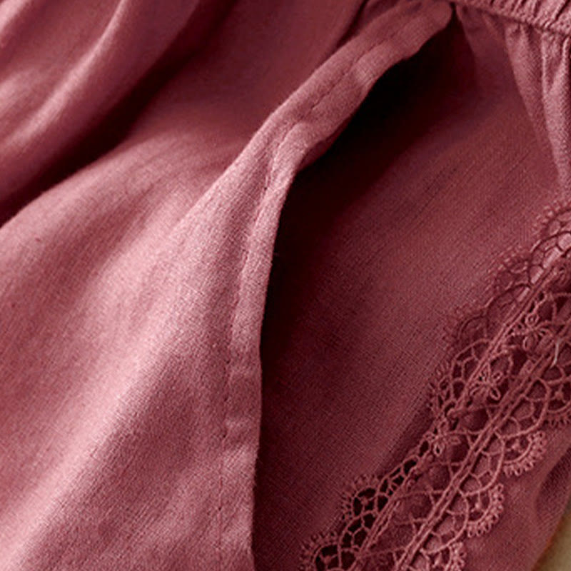 Buddha Stones Pantaloni larghi da donna in cotone e lino con cuciture in pizzo tinta unita e tasche - image 15