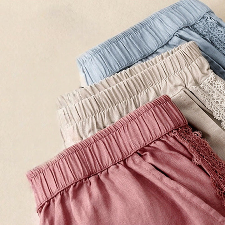 Buddha Stones Pantaloni larghi da donna in cotone e lino con cuciture in pizzo tinta unita e tasche - image 19