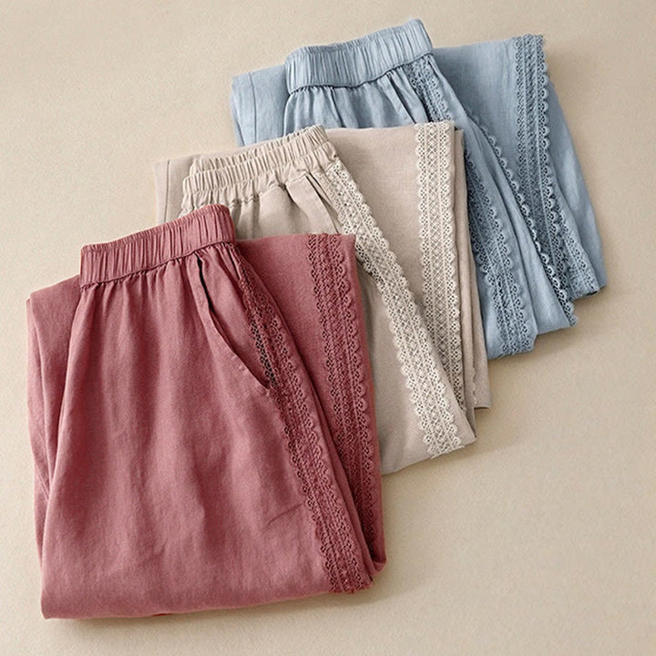 Buddha Stones Pantaloni larghi da donna in cotone e lino con cuciture in pizzo tinta unita e tasche - image 18