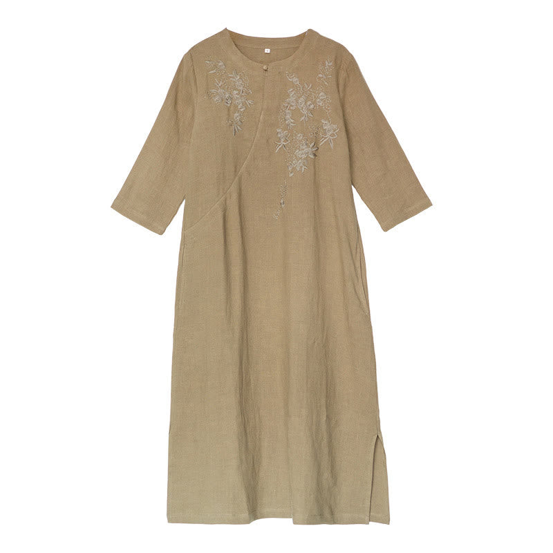 Abito midi in lino e cotone con maniche a tre quarti, ricamo vintage Buddha Stones e tasche - image 12