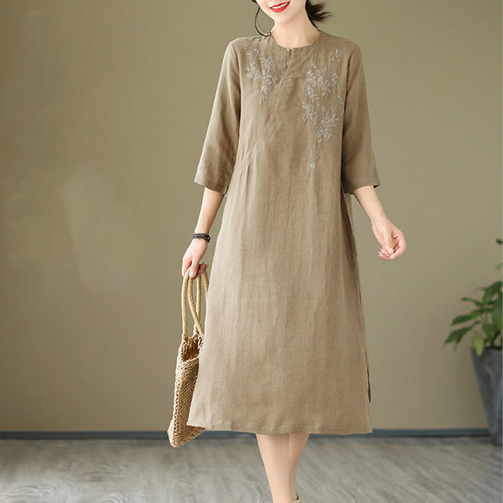 Abito midi in lino e cotone con maniche a tre quarti, ricamo vintage Buddha Stones e tasche - Cachi scuro - US8-10, UK/AU12-14, EU40-42 (2XL) - image 0