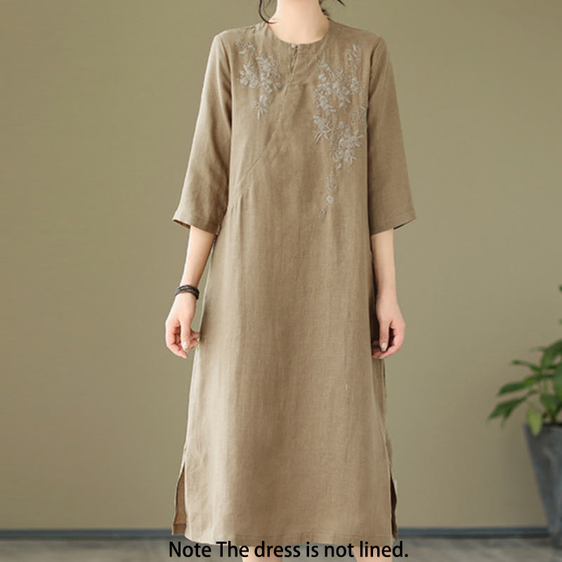 Abito midi in lino e cotone con maniche a tre quarti, ricamo vintage Buddha Stones e tasche - image 2