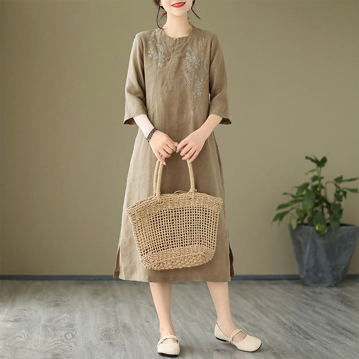 Abito midi in lino e cotone con maniche a tre quarti, ricamo vintage Buddha Stones e tasche - image 5
