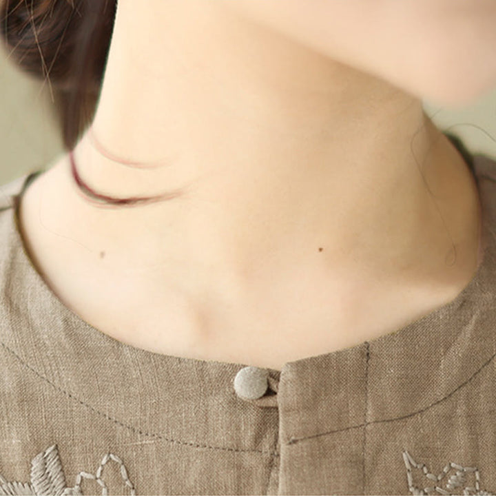 Abito midi in lino e cotone con maniche a tre quarti, ricamo vintage Buddha Stones e tasche - image 6