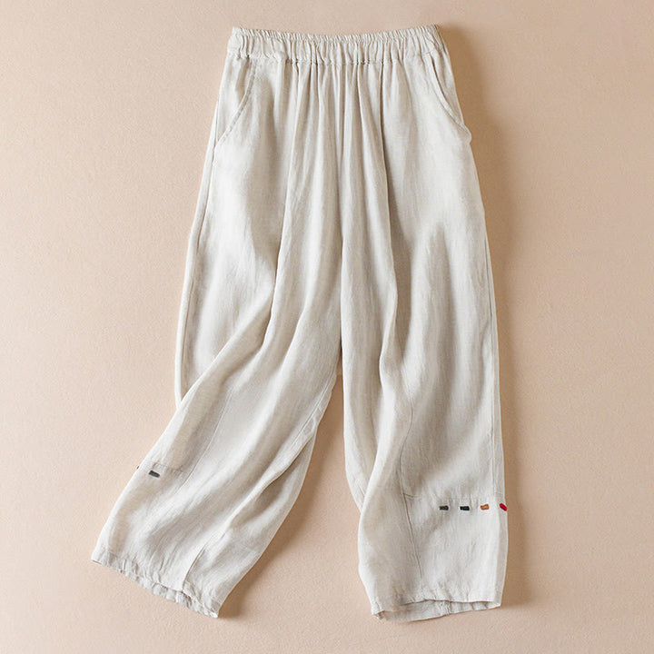 Pantaloni harem in lino e cotone con tasche, lunghezza 7-8, in filo colorato con Buddha Stones - Beige - US12, UK/AU16, EU44 (3XL) - image 1