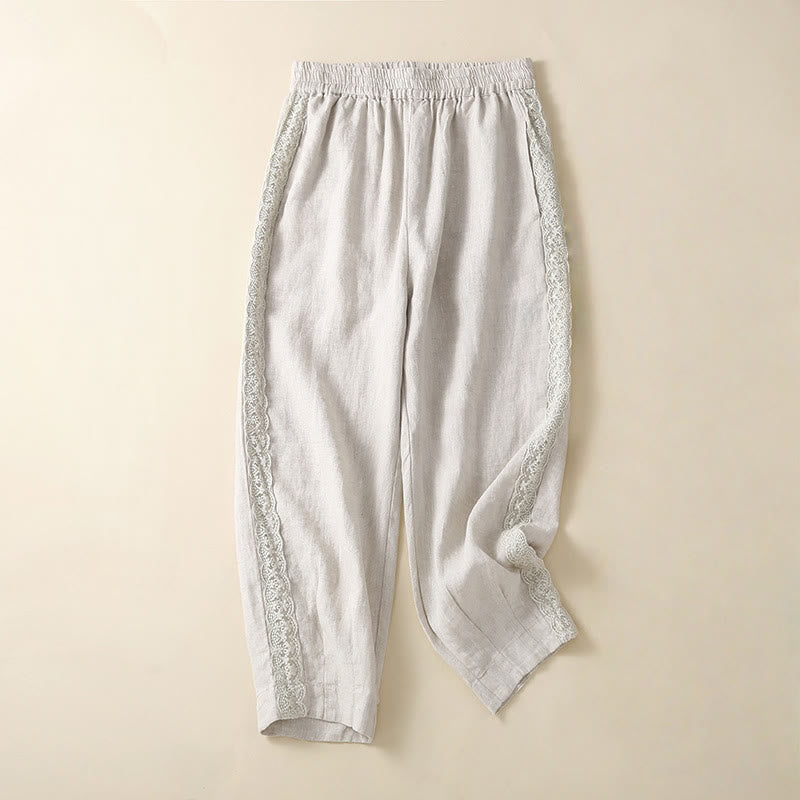 Pantaloni harem in lino e cotone con tasche, in pizzo semplice, Buddha Stones - Fumo bianco - US8-10, UK/AU12-14, EU40-42 (2XL) - image 11