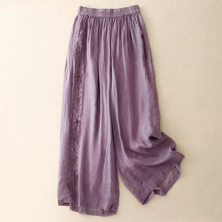 Pantaloni larghi da donna in cotone con tasche, lunghezza 7-8, con ricamo laterale Buddha Stones - Orchidea media - US12, UK/AU16, EU44 (3XL) - image 1
