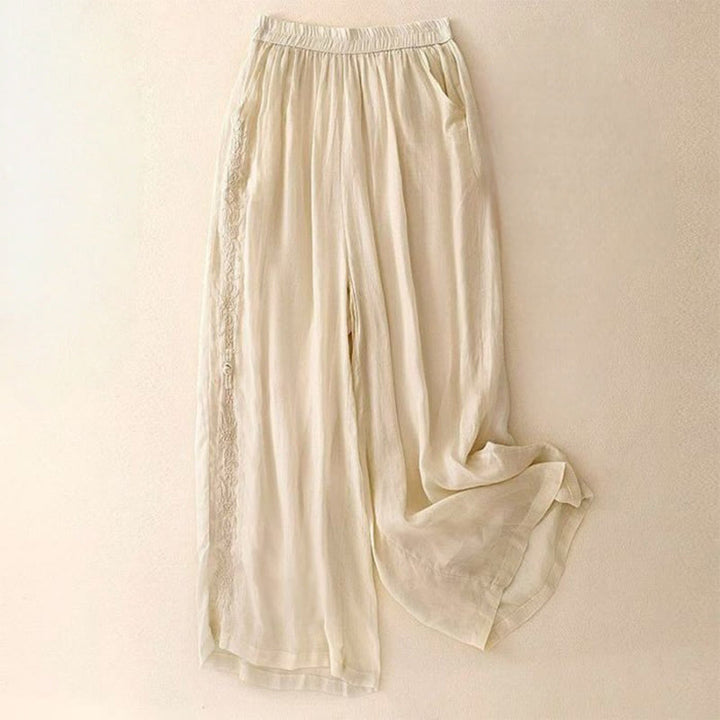 Pantaloni larghi da donna in cotone con tasche, lunghezza 7-8, con ricamo laterale Buddha Stones - LemonChiffon - US12, UK/AU16, EU44 (3XL) - image 7