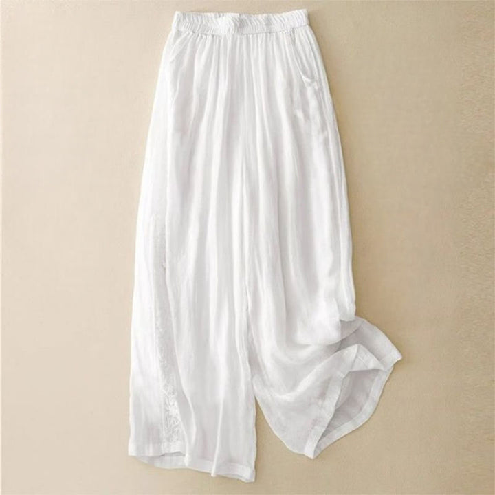 Pantaloni larghi da donna in cotone con tasche, lunghezza 7-8, con ricamo laterale Buddha Stones - Bianco - US12, UK/AU16, EU44 (3XL) - image 12