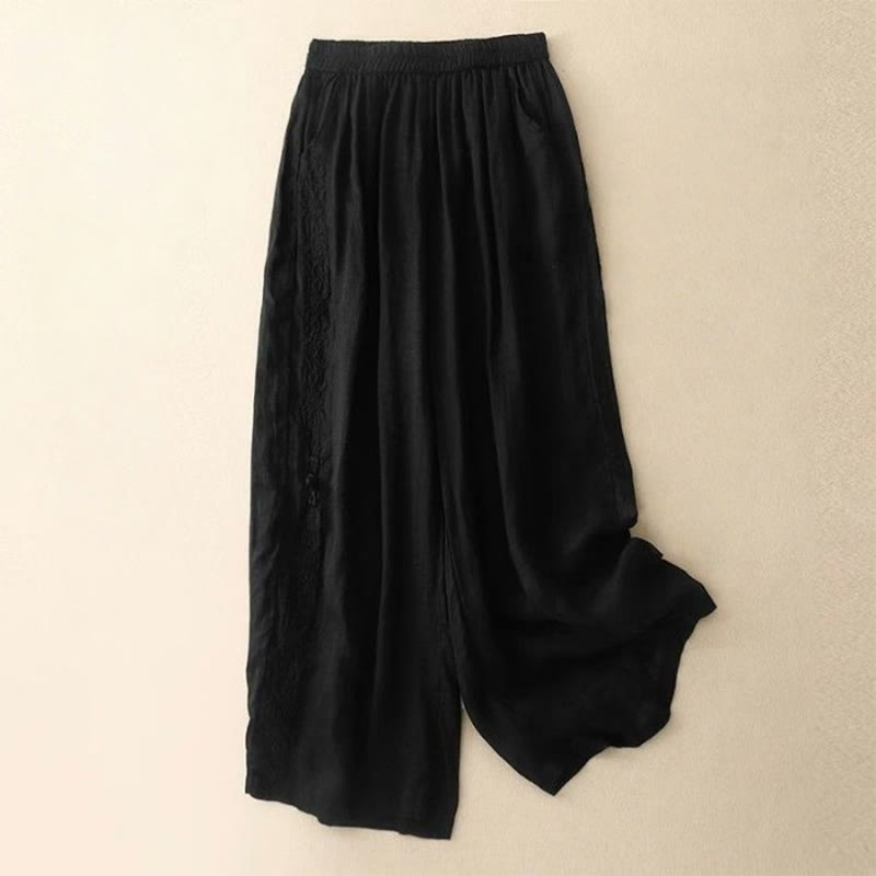 Pantaloni larghi da donna in cotone con tasche, lunghezza 7-8, con ricamo laterale Buddha Stones - Nero - US12, UK/AU16, EU44 (3XL) - image 15