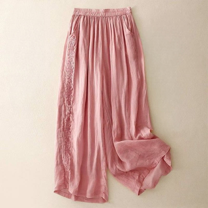 Pantaloni larghi da donna in cotone con tasche, lunghezza 7-8, con ricamo laterale Buddha Stones - Rosa - US12, UK/AU16, EU44 (3XL) - image 17